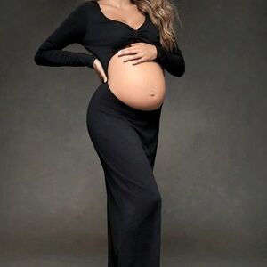 BLACK V NECK LONG SLEEVE MATERNITY DRESS